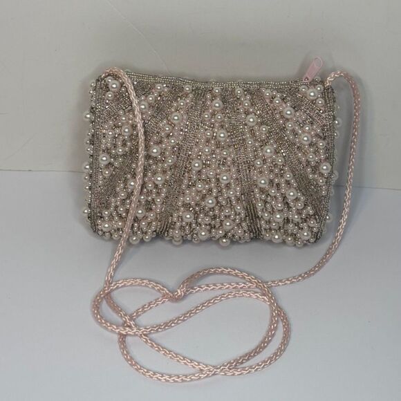 Carla Marchi Vintage Light Pink Pearl Beaded Sequin Evening Bag Purse Strap - Picture 2 of 7
